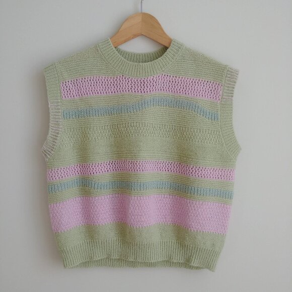 NATIVE YOUTH Sweaters - Pastel Striped Knit Sleeveless Sweater Vest - Green & Pink